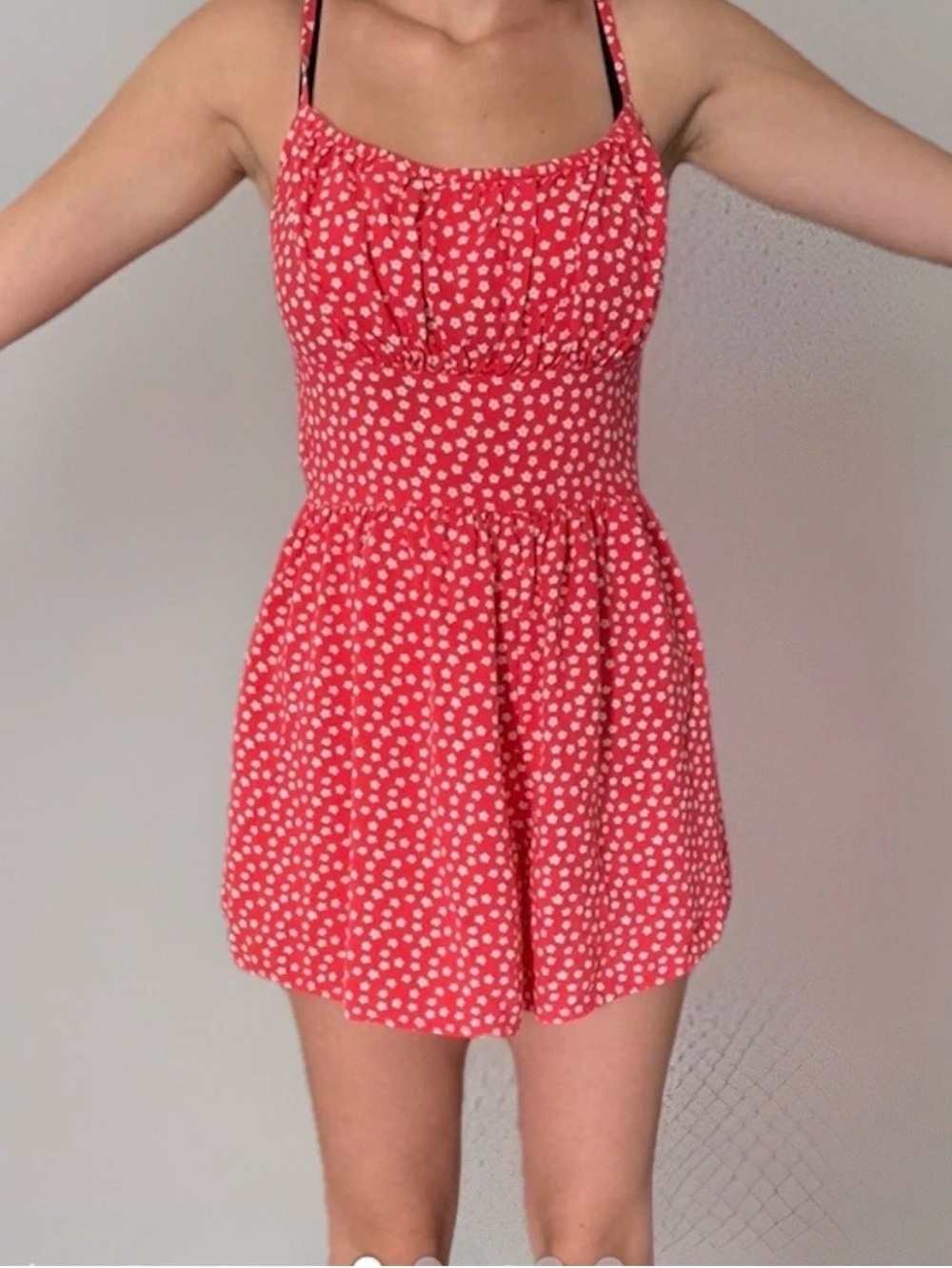 M Hollister Red & White Ditsy Floral Open Back Romper